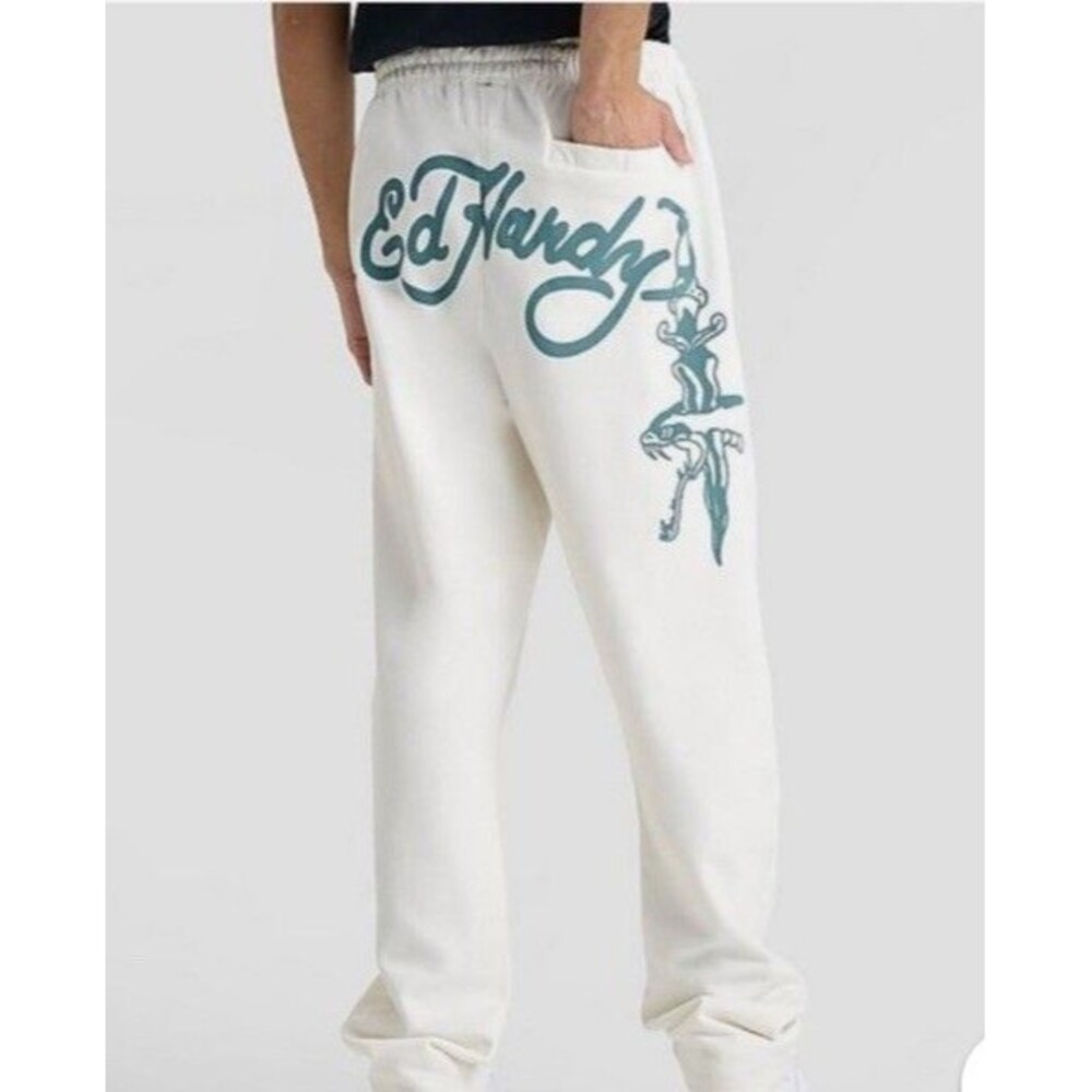 Ed Hardy Sweatpants Mens XL White Skull Flame Tattoo Fleece Graphic Print